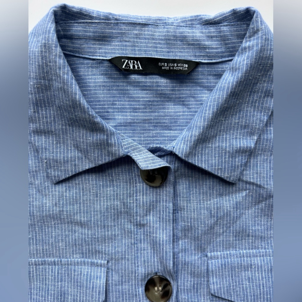 Zara linen cotton blend Shirt Dress Blue Button-Up belter striped small - Picture 8 of 9
